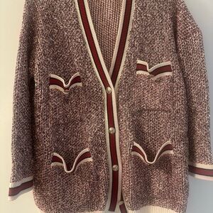 Maje Red and White Cardigan Sweater